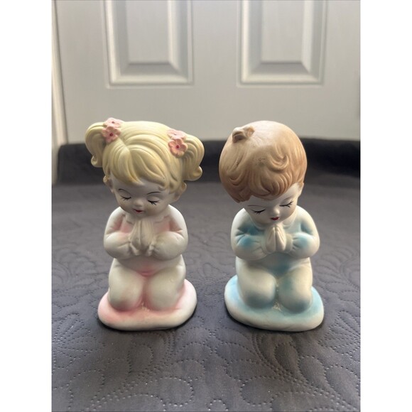 2pc Vintage Porcelain 5” Praying Girl/Boy MCM Statues Home Decor Accents Collect - Picture 3 of 8